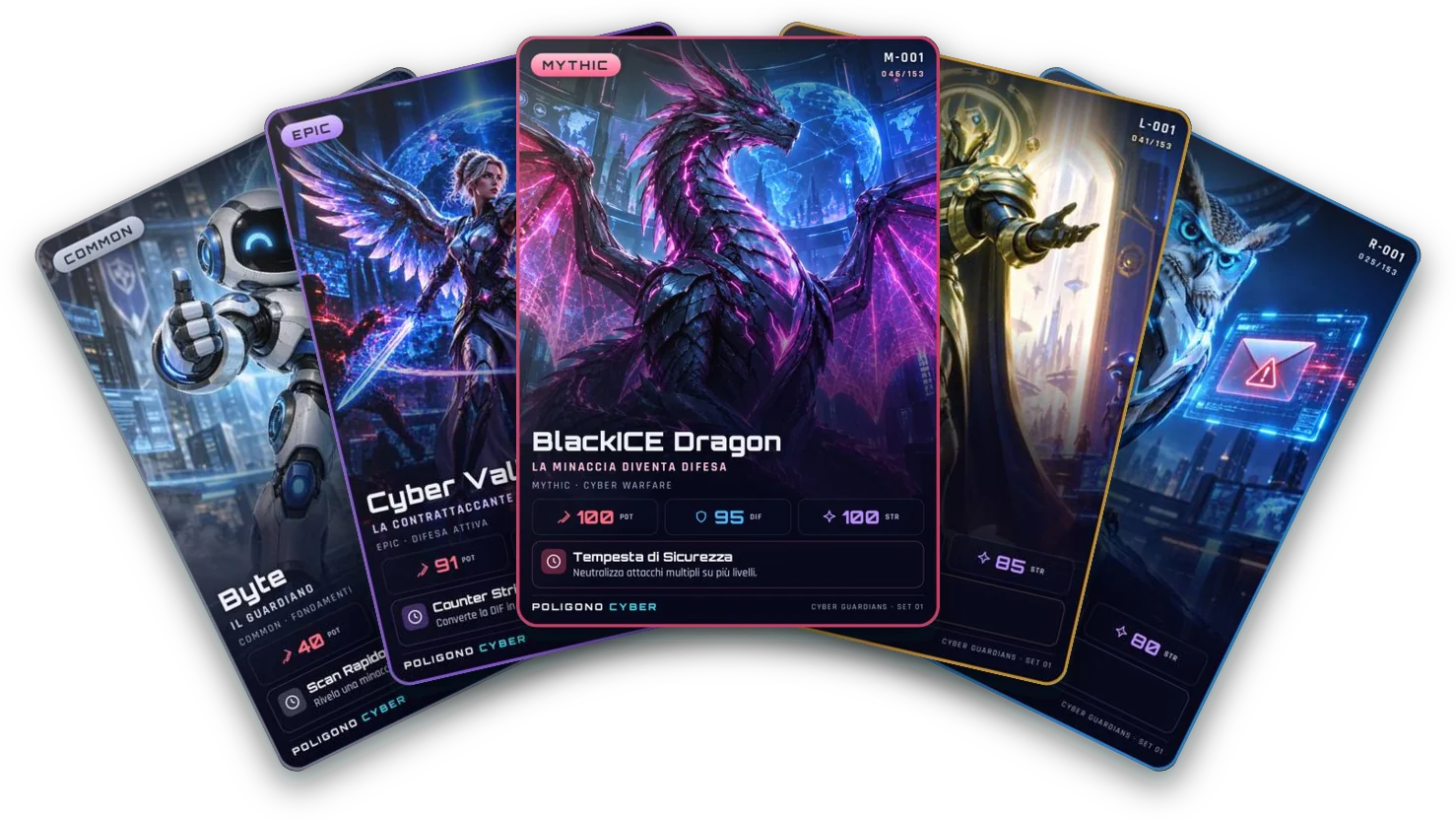 Cinque carte Cyber Guardians a ventaglio: Byte, Cyber Valkyrie, BlackICE Dragon e due carte rare e leggendarie